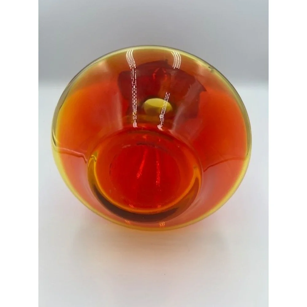 Vintage Amberina MCM Art Glass Ruffled Rim Vase Red Orange Blown Glass 10.5 In